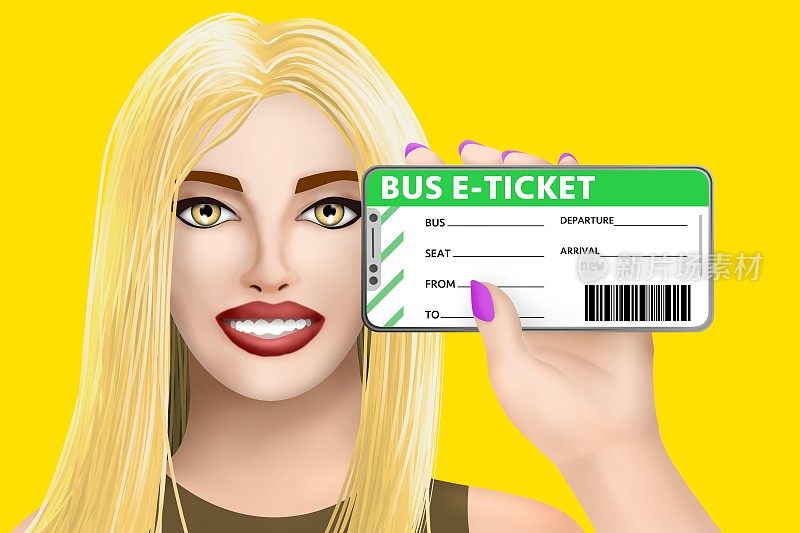 概念巴士电子票(electronic ticket)。画在明亮背景上的美丽女孩。插图